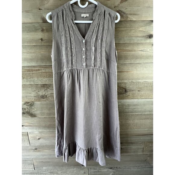 Lina Tomei Dress Sleeveless Linen Lace Detail Button Ruffle Hem Large - Picture 1 of 9